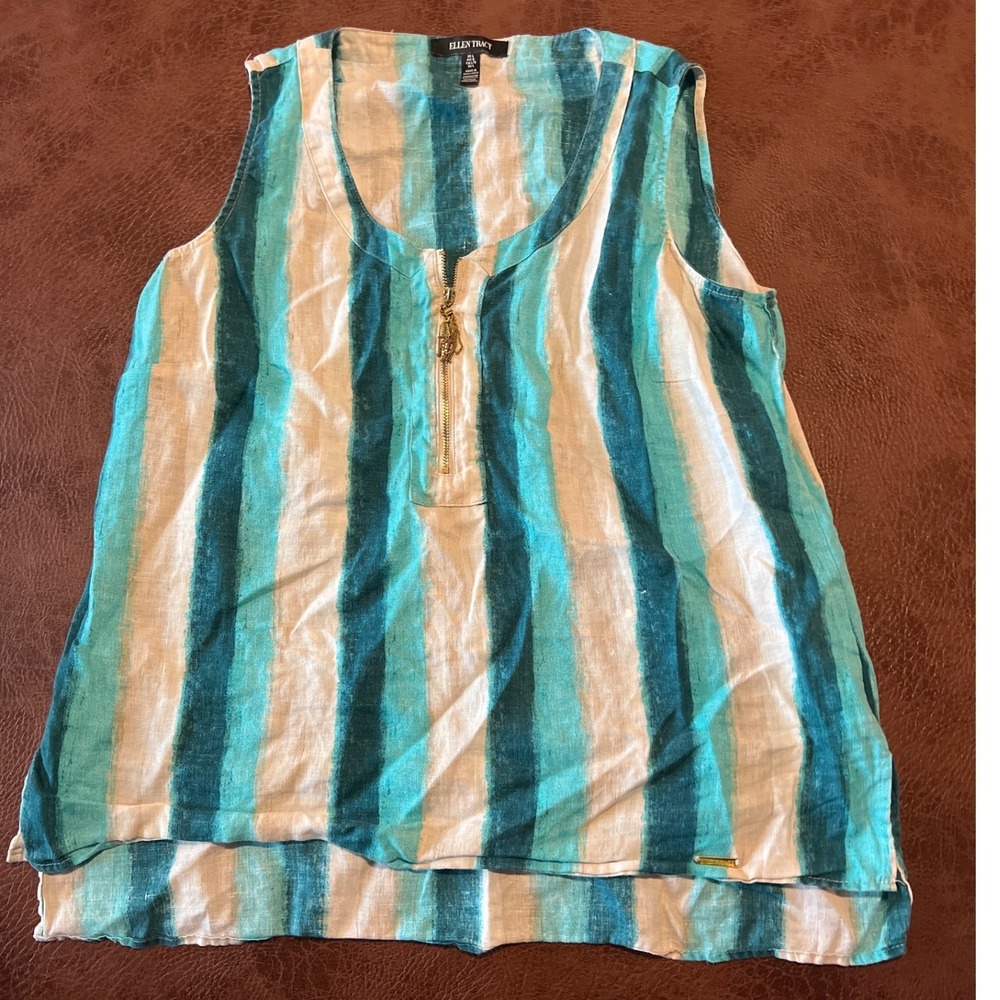 Ellen Tracy Womens Large 100% Linen Striped Sleeveless Quarter Zip Tank Top Blue